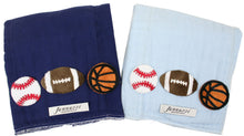 Load image into Gallery viewer, Jannuzzi Dyed Burp Cloth Duo 3 Mini Sports Balls for Baby Boys Navy & Light Blue
