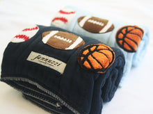 Load image into Gallery viewer, Jannuzzi Dyed Burp Cloth Duo 3 Mini Sports Balls for Baby Boys