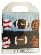 Load image into Gallery viewer, Jannuzzi Dyed Burp Cloth Duo 3 Mini Sports Balls for Baby Boys baseball football basketball
