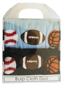 Jannuzzi Dyed Burp Cloth Duo 3 Mini Sports Balls for Baby Boys baseball football basketball