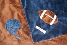 Load image into Gallery viewer, Jannuzzi Brown &amp; Navy Football &amp; Helmet Minky Blanket

