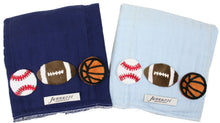 Load image into Gallery viewer, Jannuzzi Dyed Burp Cloth Duo 3 Mini Sports Balls for Baby Boys Navy &amp; Light Blue
