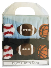 Load image into Gallery viewer, Jannuzzi Dyed Burp Cloth Duo 3 Mini Sports Balls for Baby Boys baseball football basketball
