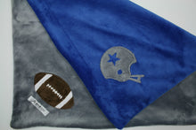 Load image into Gallery viewer, Jannuzzi Grey &amp; Navy Football &amp; Helmet Minky Blanket
